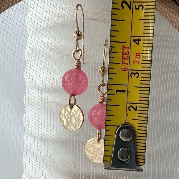 Artisan Gold Dangle Earrings with Pink Jade Beads - Picture 5 of 14